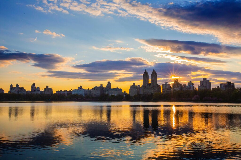 Central Park bike rental, Reservoir at sunset, New York