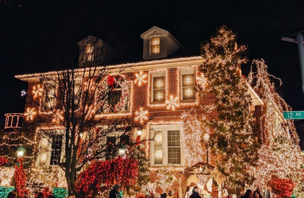 Decorated house facade at the Dyker Heights Lights Tour in New York